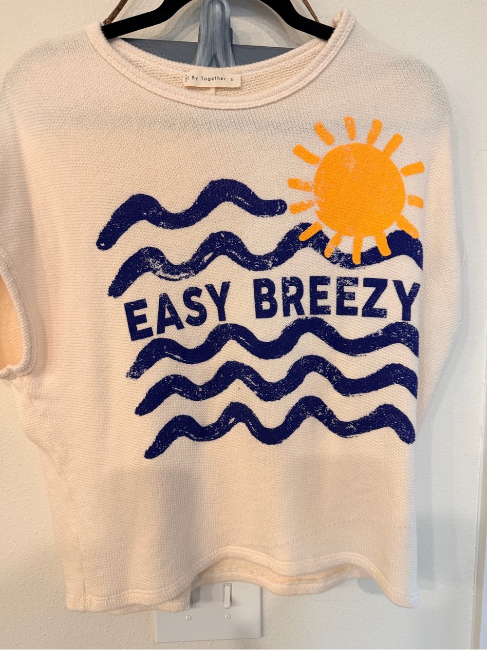 By Together White Short Sleeve Tank with Blue Wave Graphic & Yellow Sun -